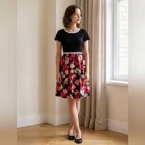 DownEast Black Shadow Floral Lace Silky Flowy Red Flower Print Dress Small